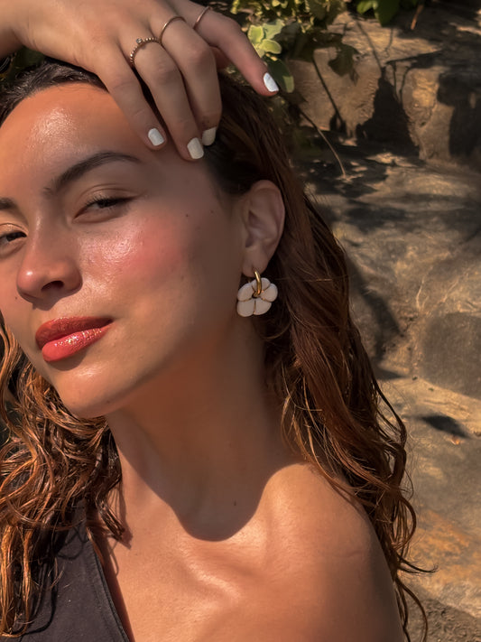Boucles d’oreilles en porcelaine « Pensée » – Blanche et doré ligne fine
