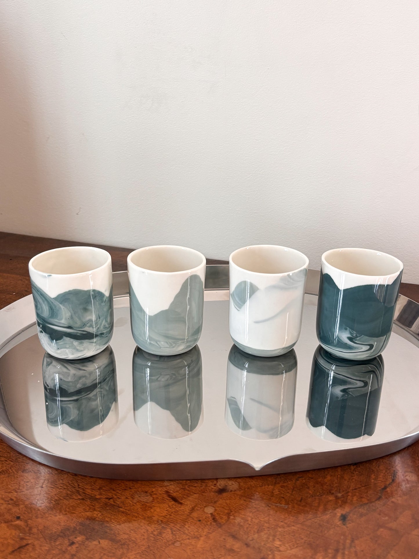 Tasse à espresso en porcelaine, marbré bleu-vert