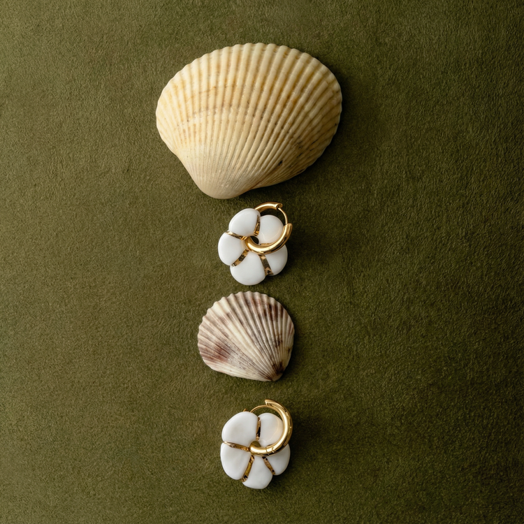 Boucles d’oreilles en porcelaine « Pensée » – Blanche et doré ligne épaisse
