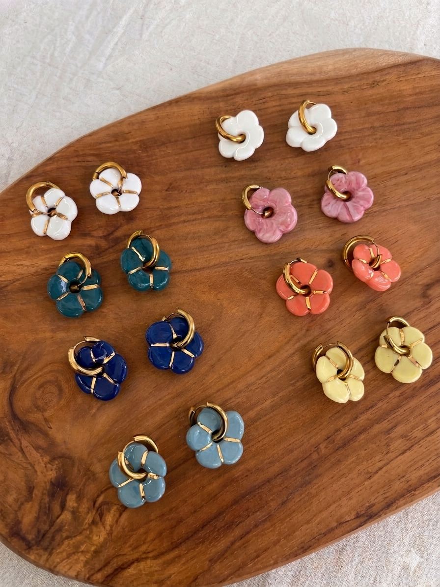 Boucles d’oreilles en porcelaine « Pensée » Jaune et or